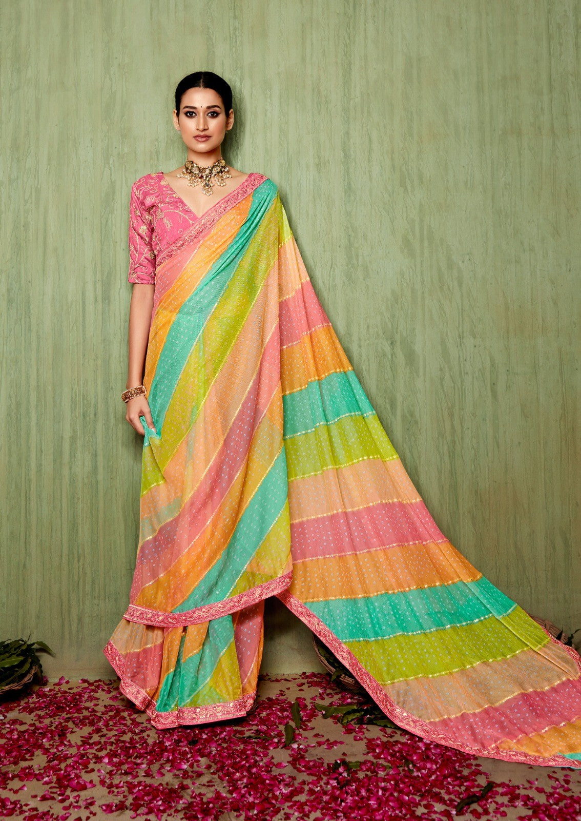 Multicoloured Chiffon Foil Printed Bandhani Saree