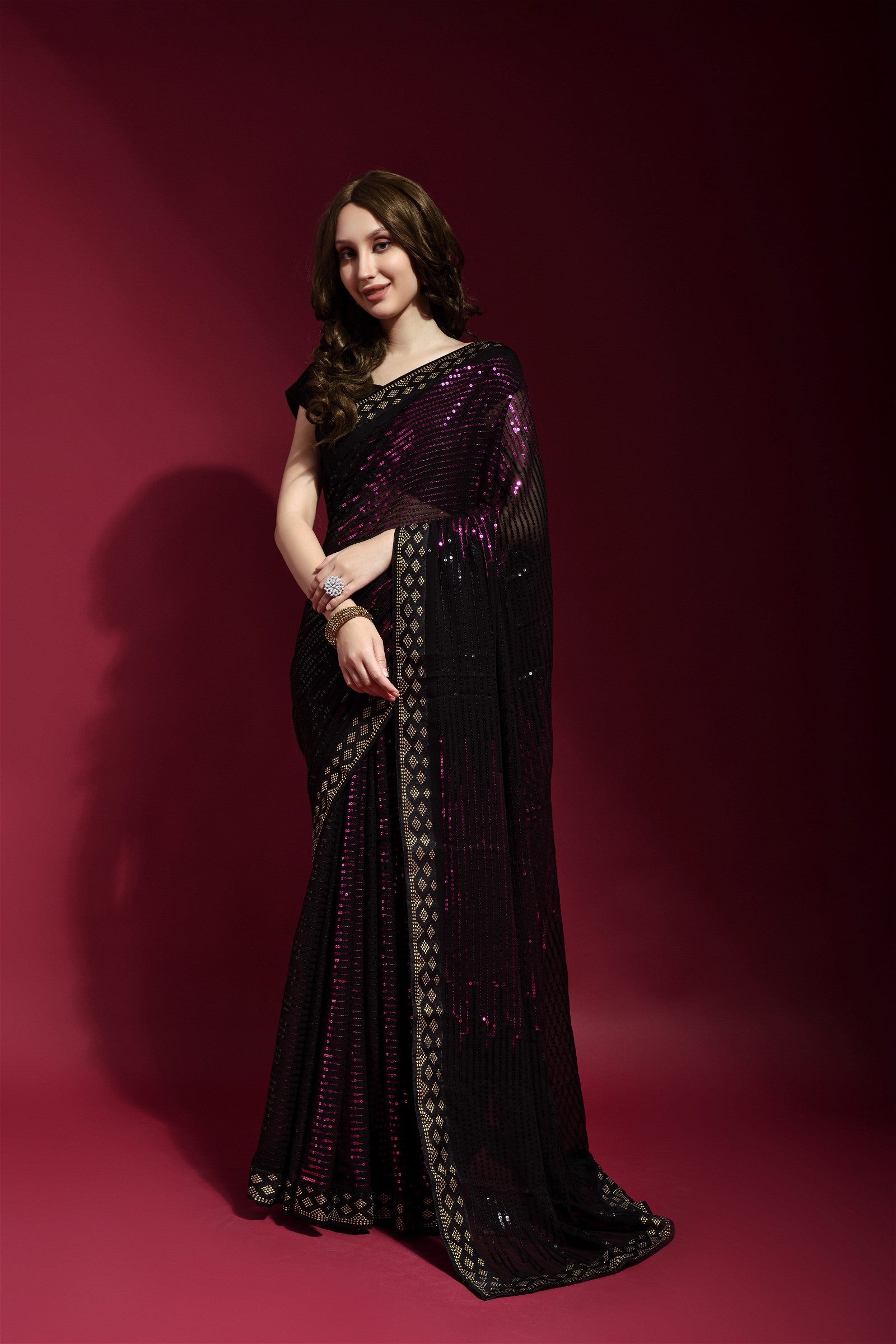 Pink Colour Sequance Work Georgette Saree