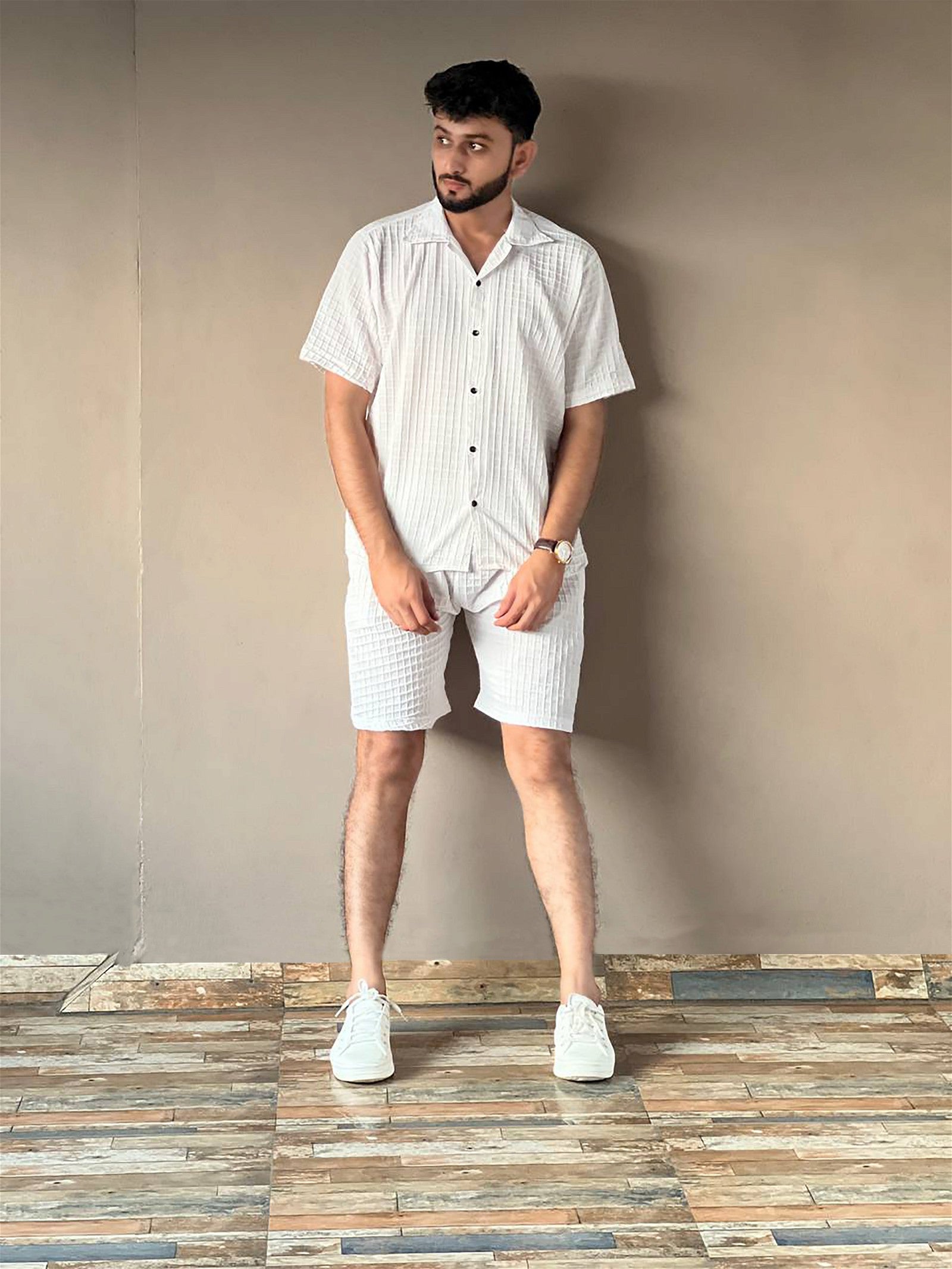 White Men's Casual Wear Shirt And Shorts Pair