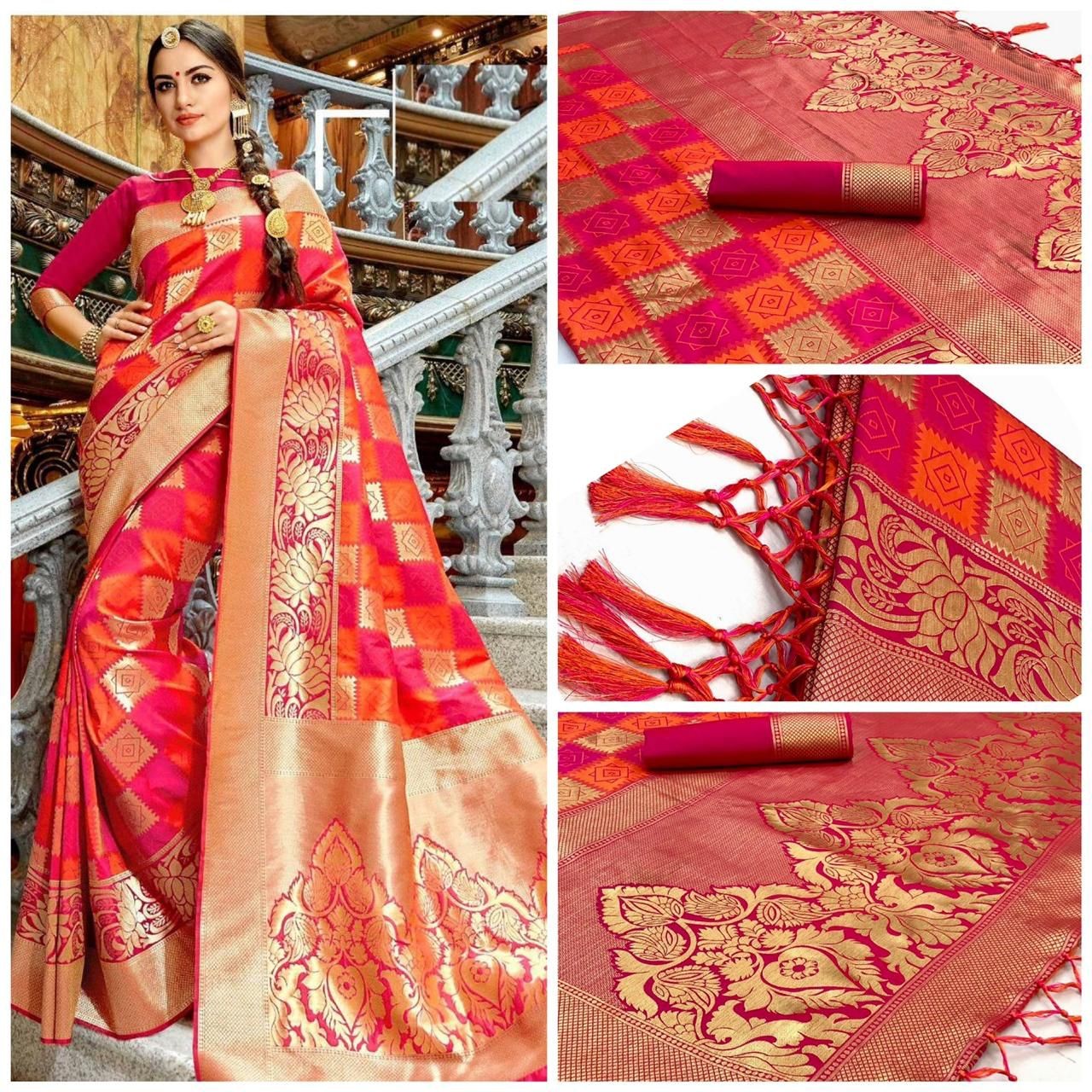 Pink and Red Beautiful Rich Pallu and Jacquard Soft Silk Saree