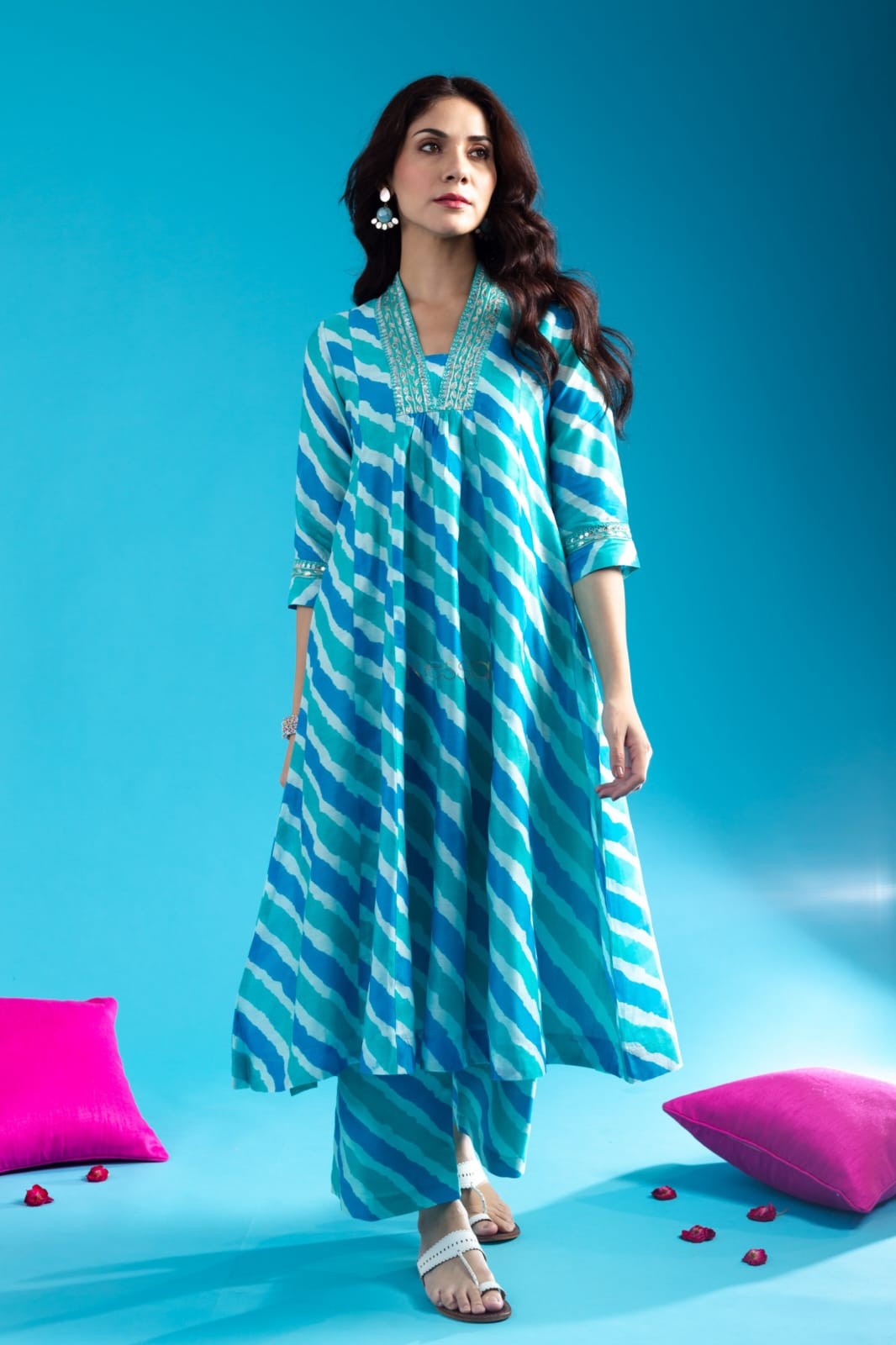 Blue Cotton Anarkali Kurta Pant Set With Neck Embroidery For Women