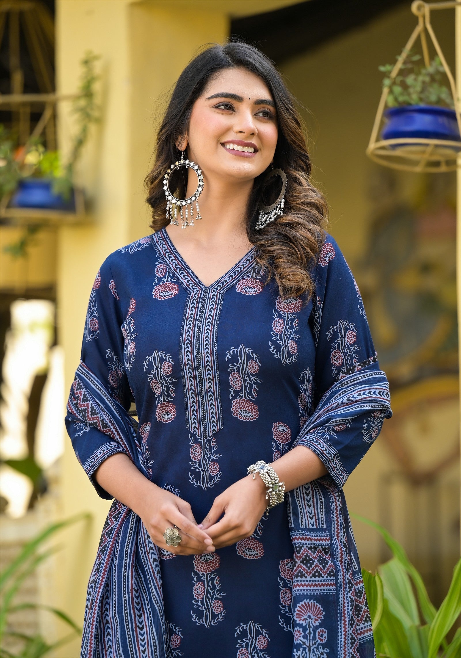 Floral Printed Kurta With Bottom Wear and Dupatta in Blue Color