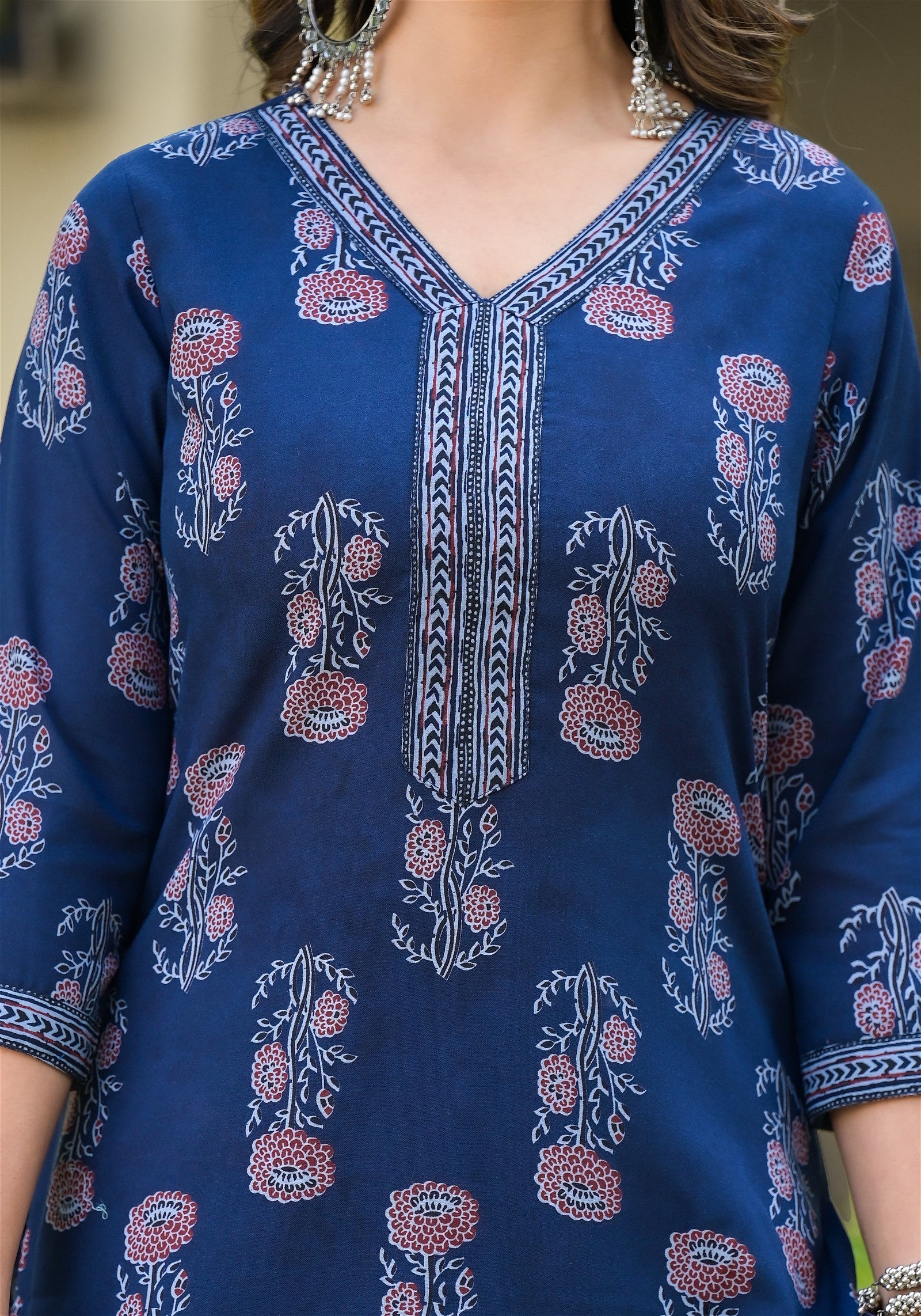 Floral Printed Kurta With Bottom Wear and Dupatta in Blue Color