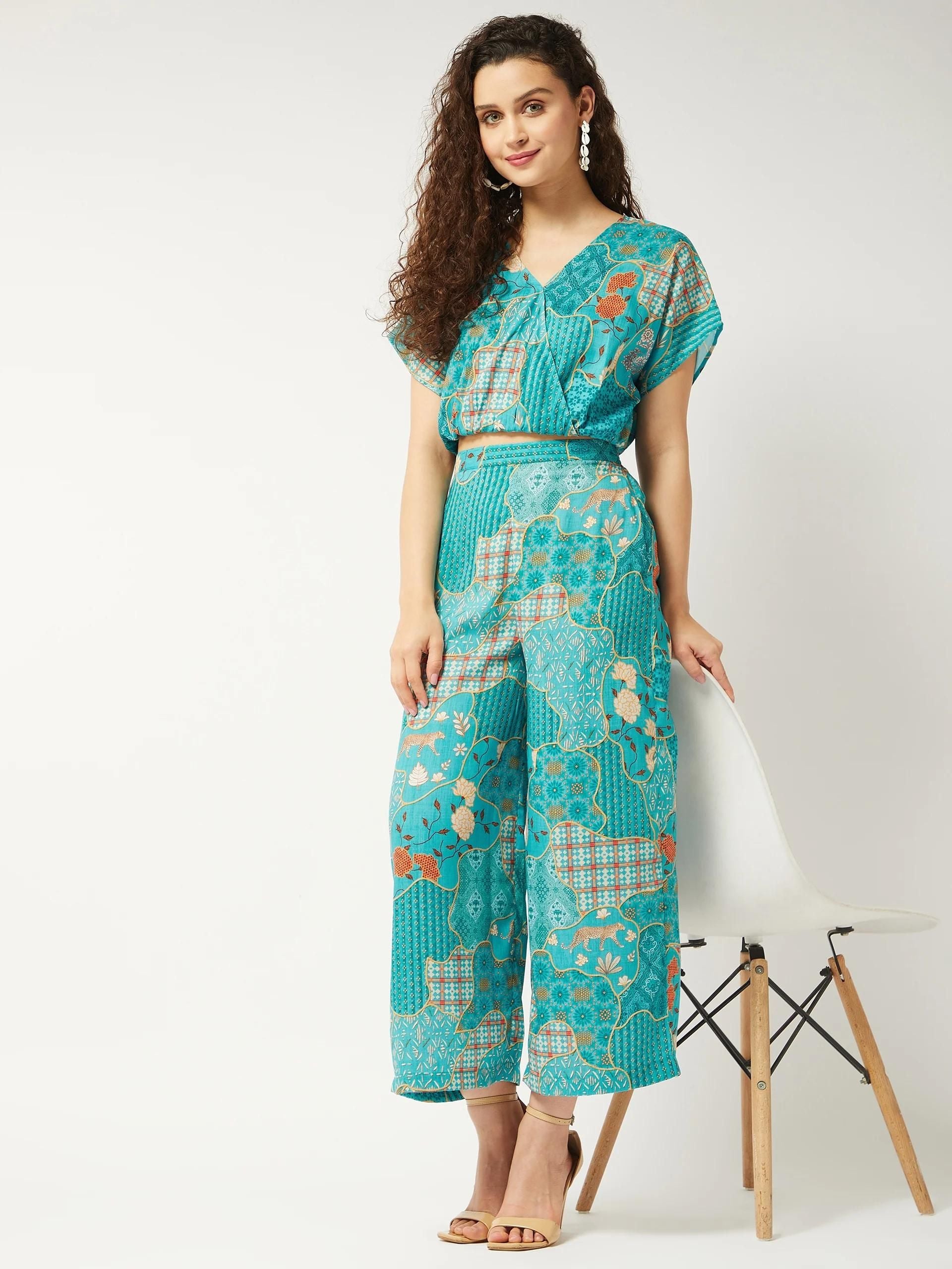 PANNKH Green Printed Loose Overlap Top and Pant Set